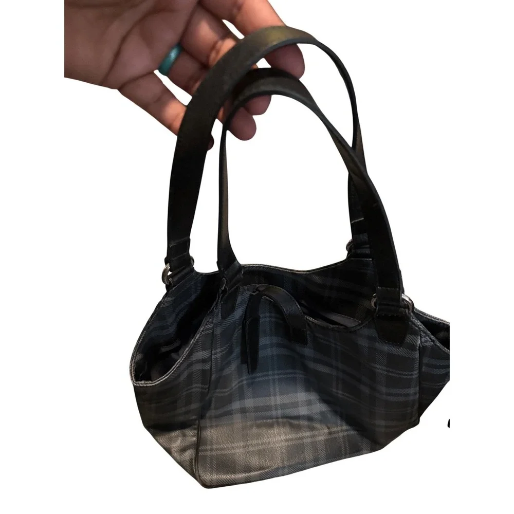 Tommy Hilfiger Plaid Hobo Shoulder Bag Black Gray Silver Buckle